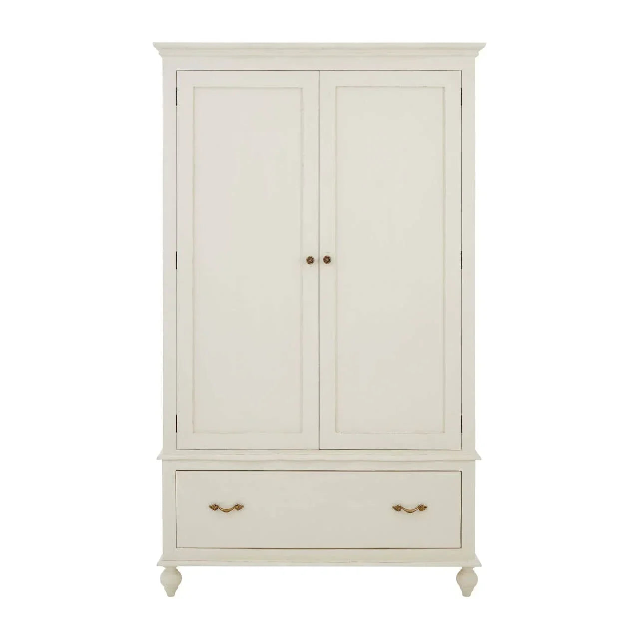 Cream wooden wardrobe with double doors and brass handles, large lower storage drawer