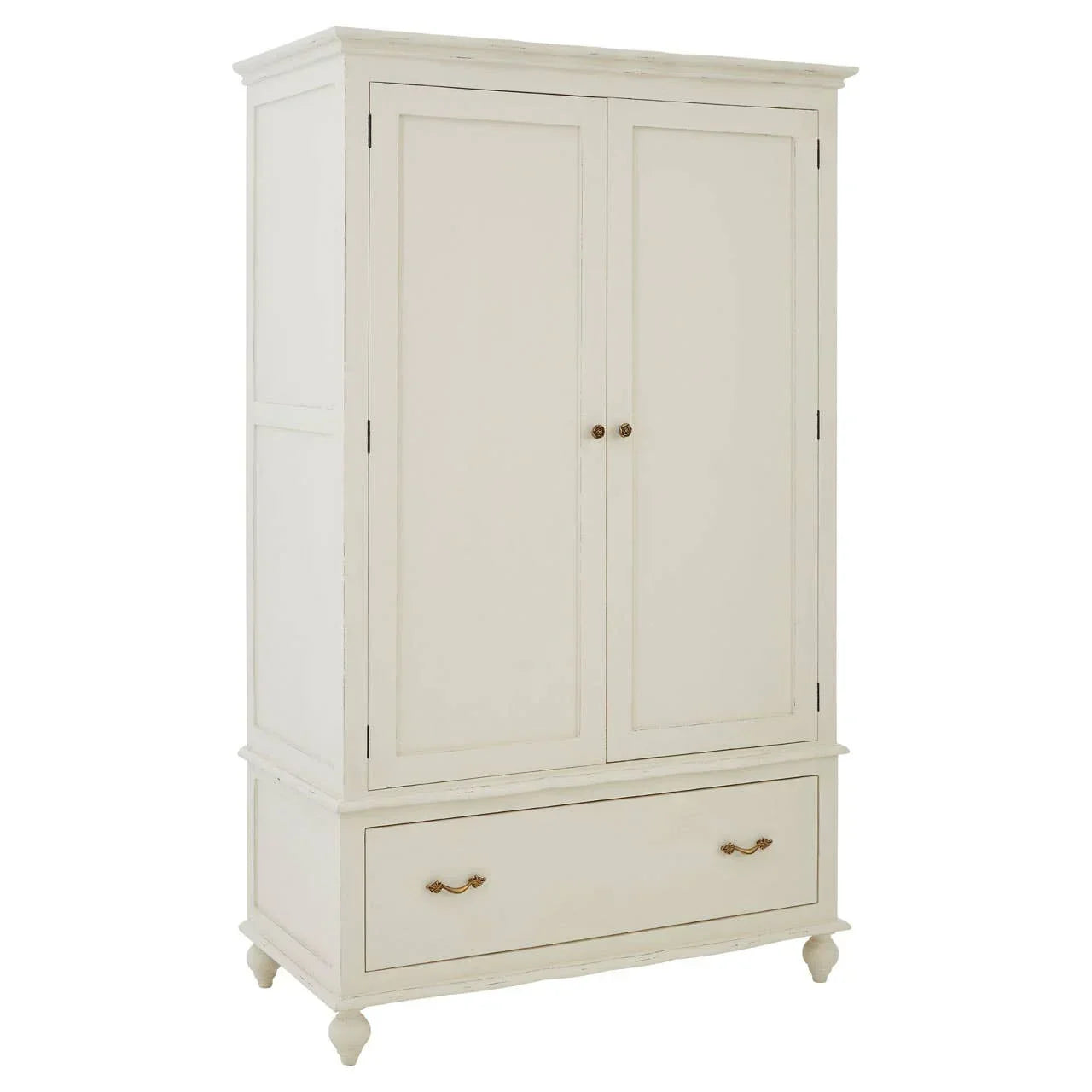 Cream wooden wardrobe with double doors and large bottom drawer on short turned legs