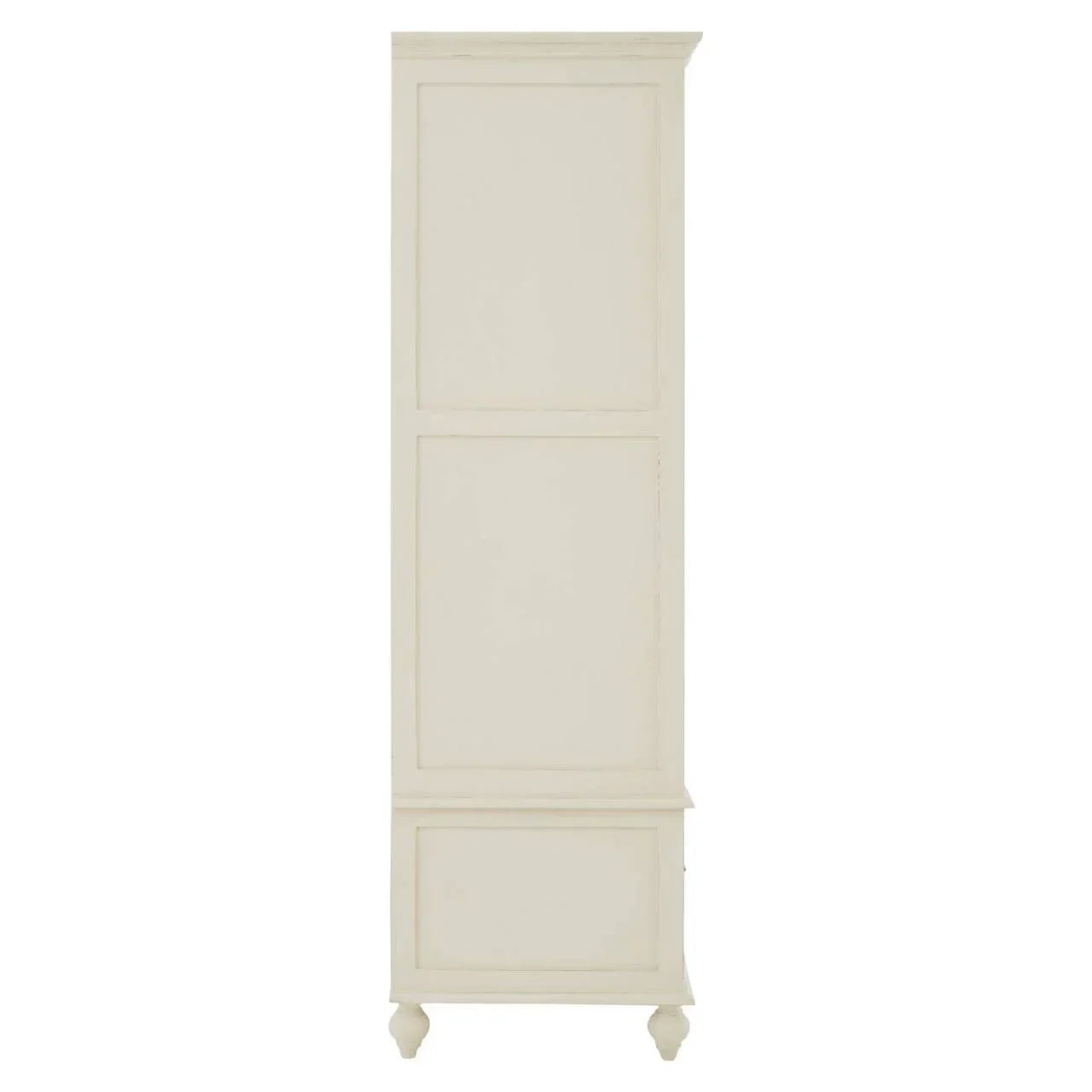 Tall cream painted wooden wardrobe with panel door and carved feet, front view