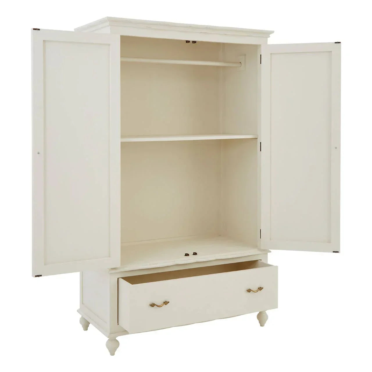 Cream wardrobe with open doors, hanging rail, interior shelf and bottom drawer