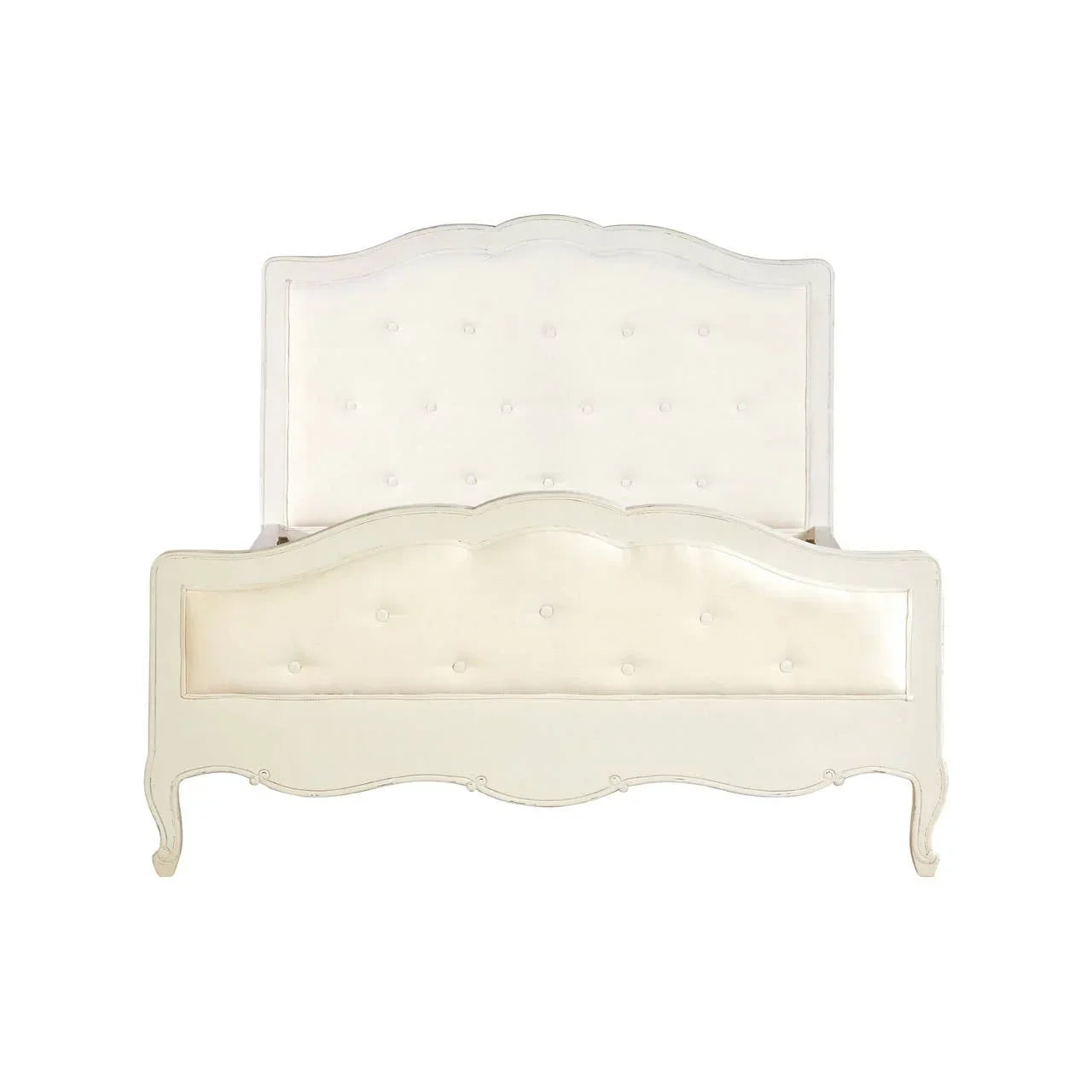 Cream upholstered bed frame with curved wooden headboard and button-tufted detailing