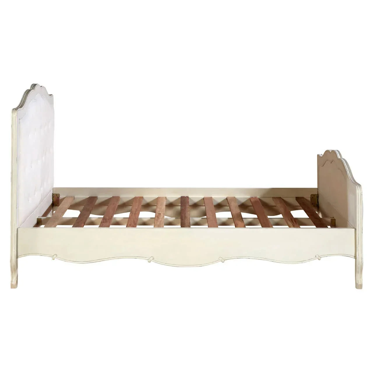 Cream wooden bed frame with curved headboard and footboard, slatted base visible