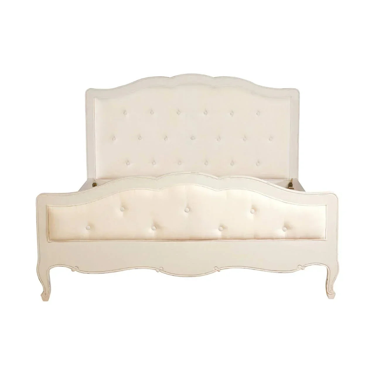 Cream upholstered bed frame with button tufted headboard and footboard, front view
