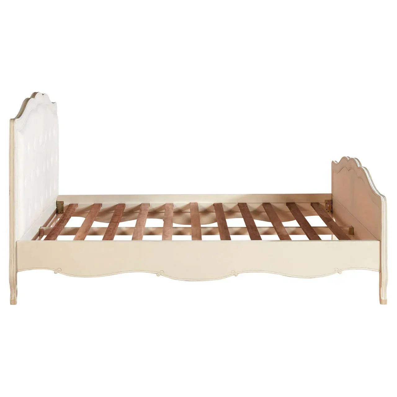 Cream wood bed frame with scalloped headboard and footboard, slatted base visible