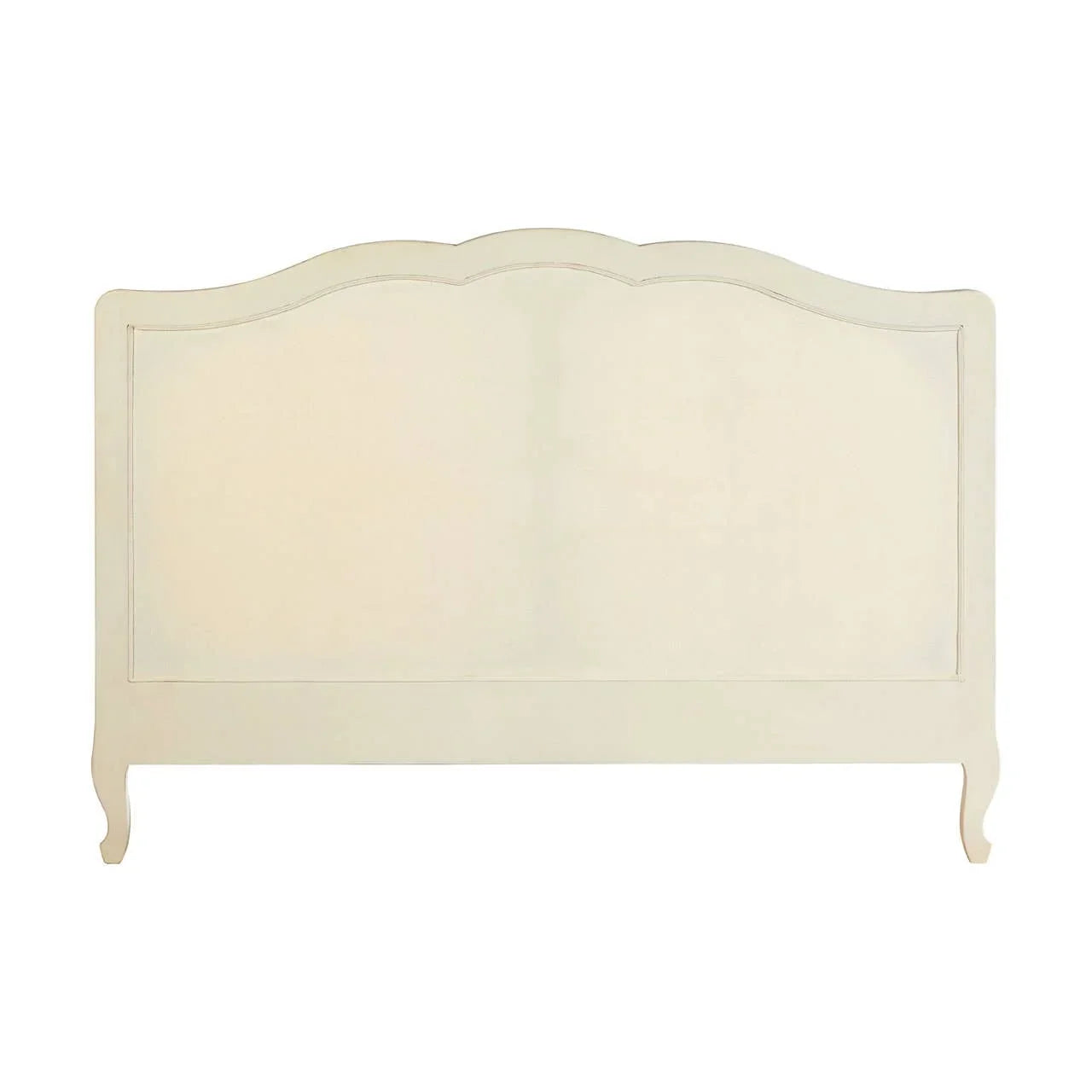 Cream wooden headboard with curved top and carved legs, shown from front view