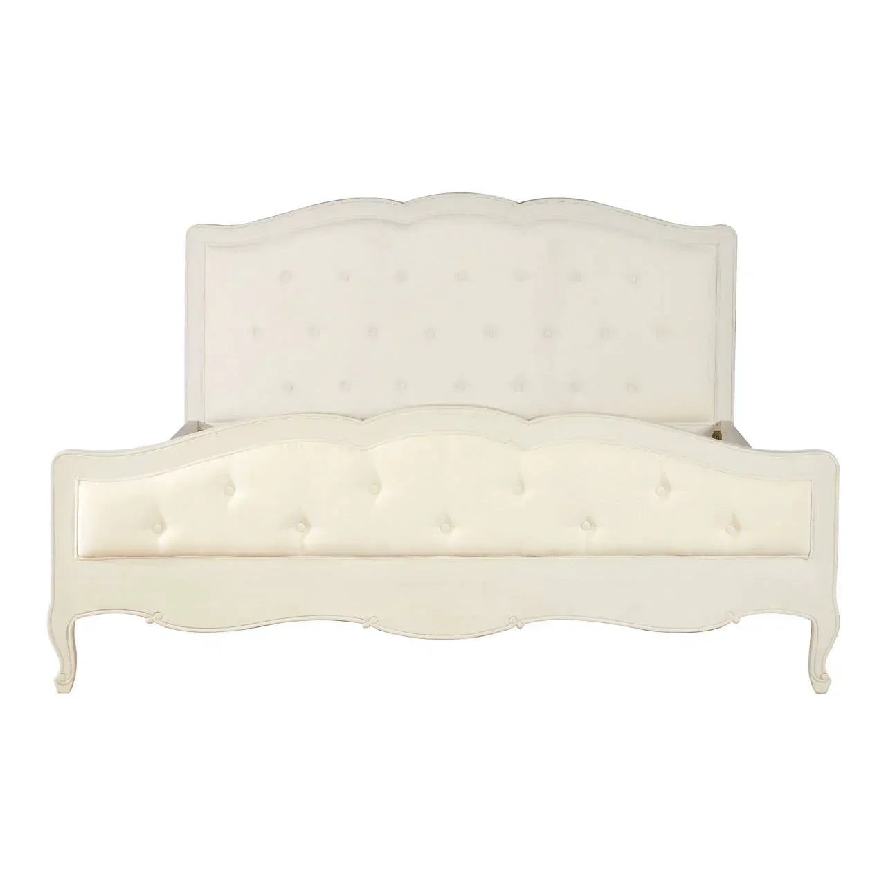 Cream upholstered bed frame with curved headboard and button tufted detail