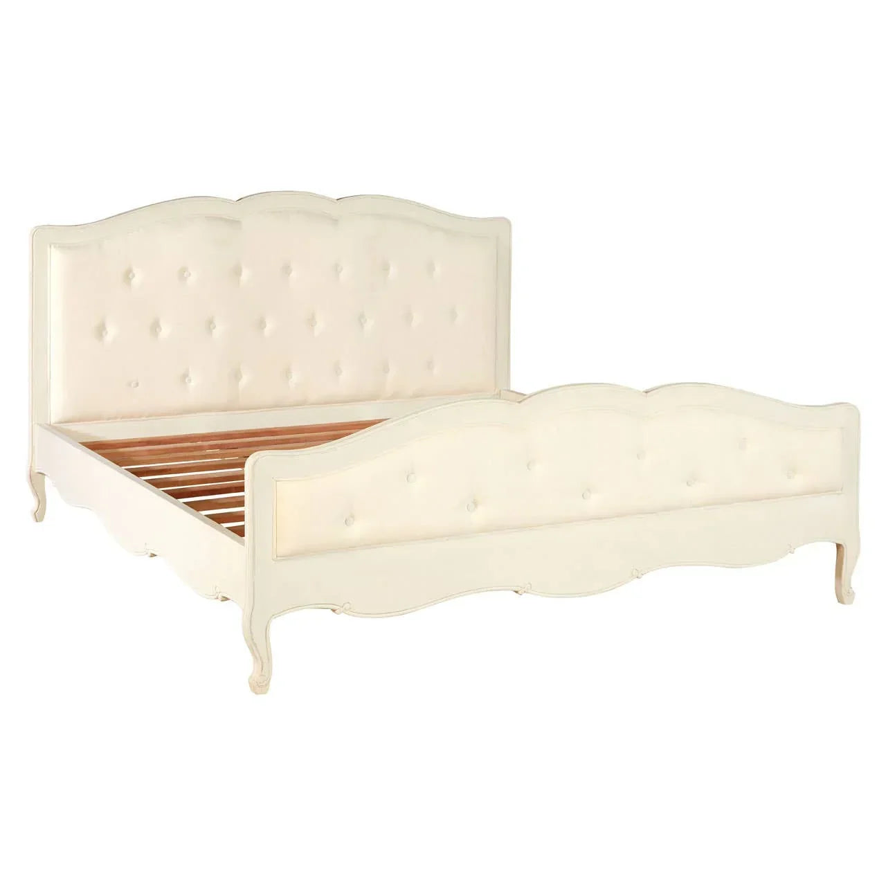 Cream upholstered bed frame with button tufted headboard and footboard, wooden slats visible