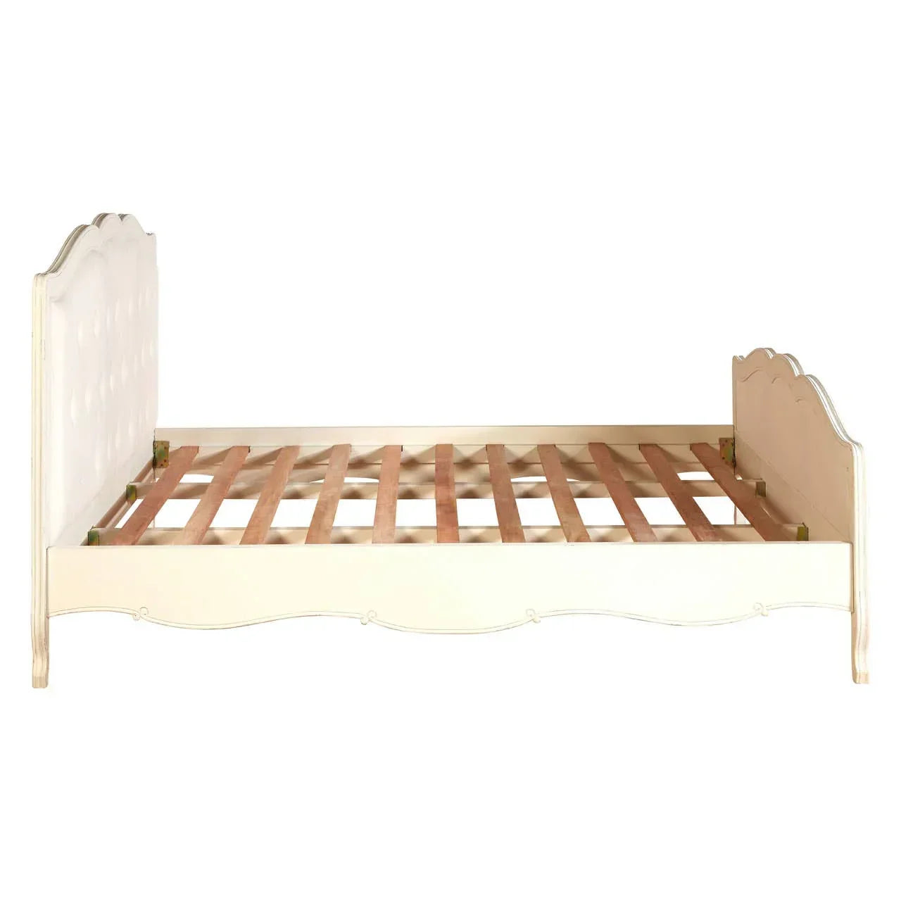 Cream wooden bed frame with curved headboard and slatted base, front view