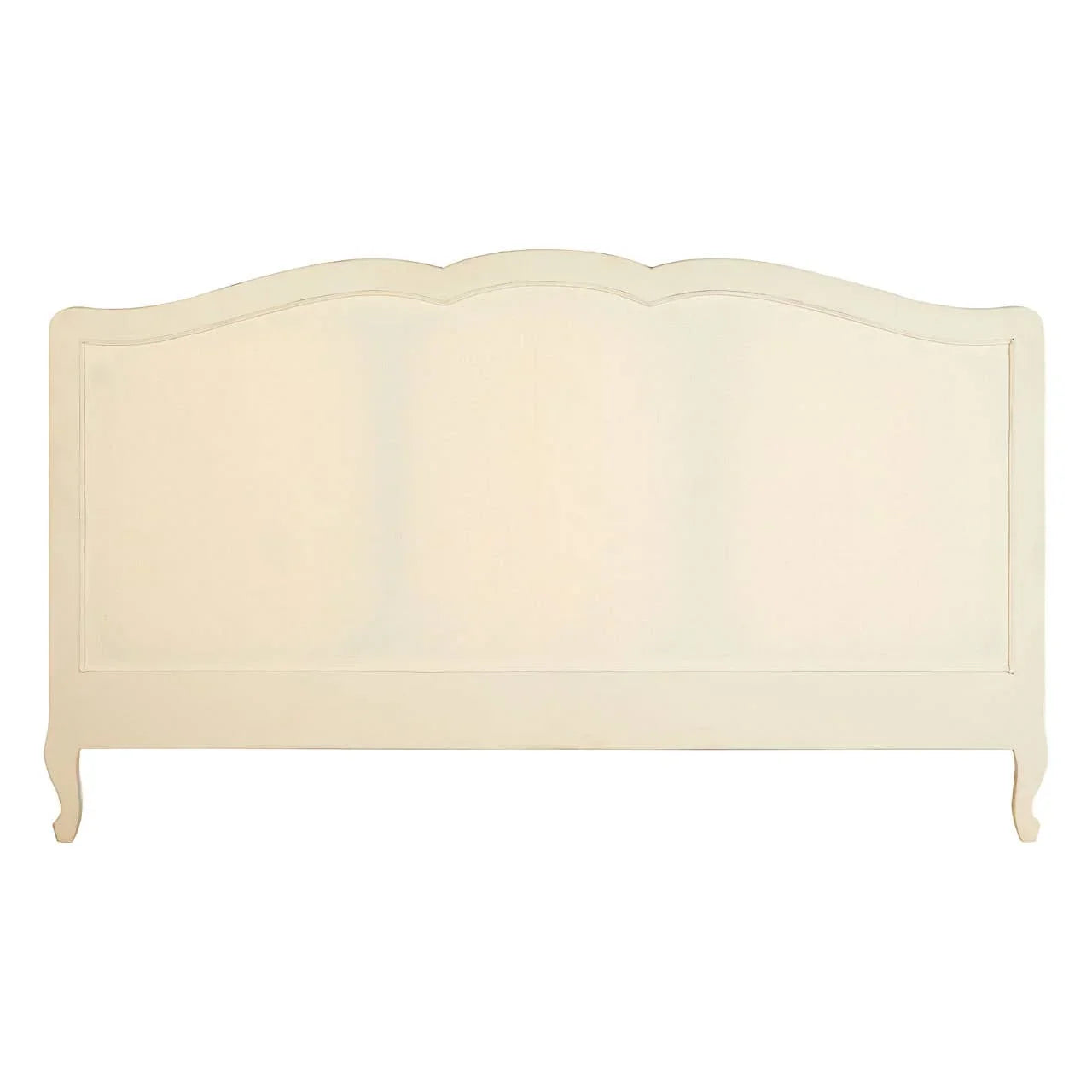 Cream wooden bed headboard with scalloped top and carved legs front view