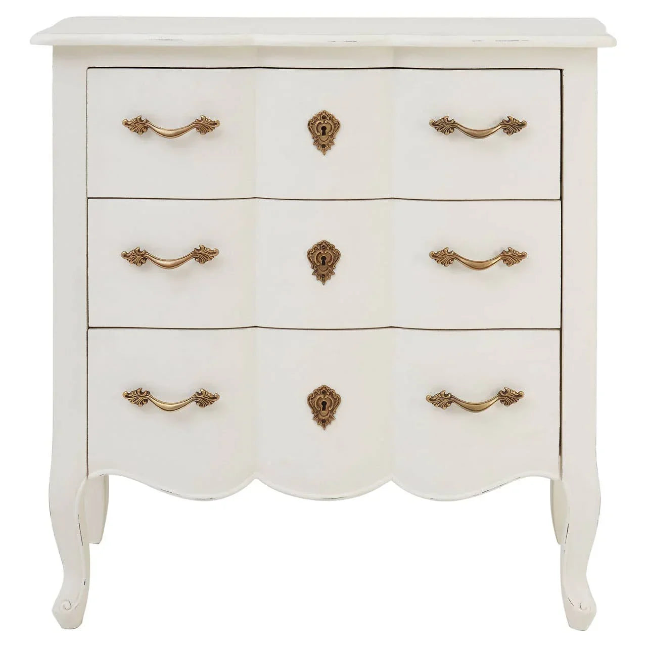 White chest of drawers with brass handles and curved legs, French style furniture