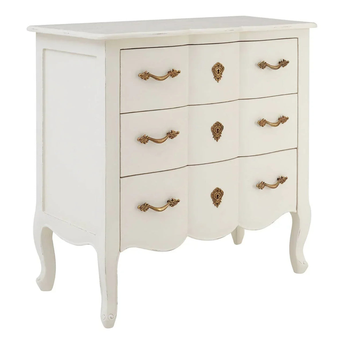Cream chest of drawers with ornate brass handles and curved legs