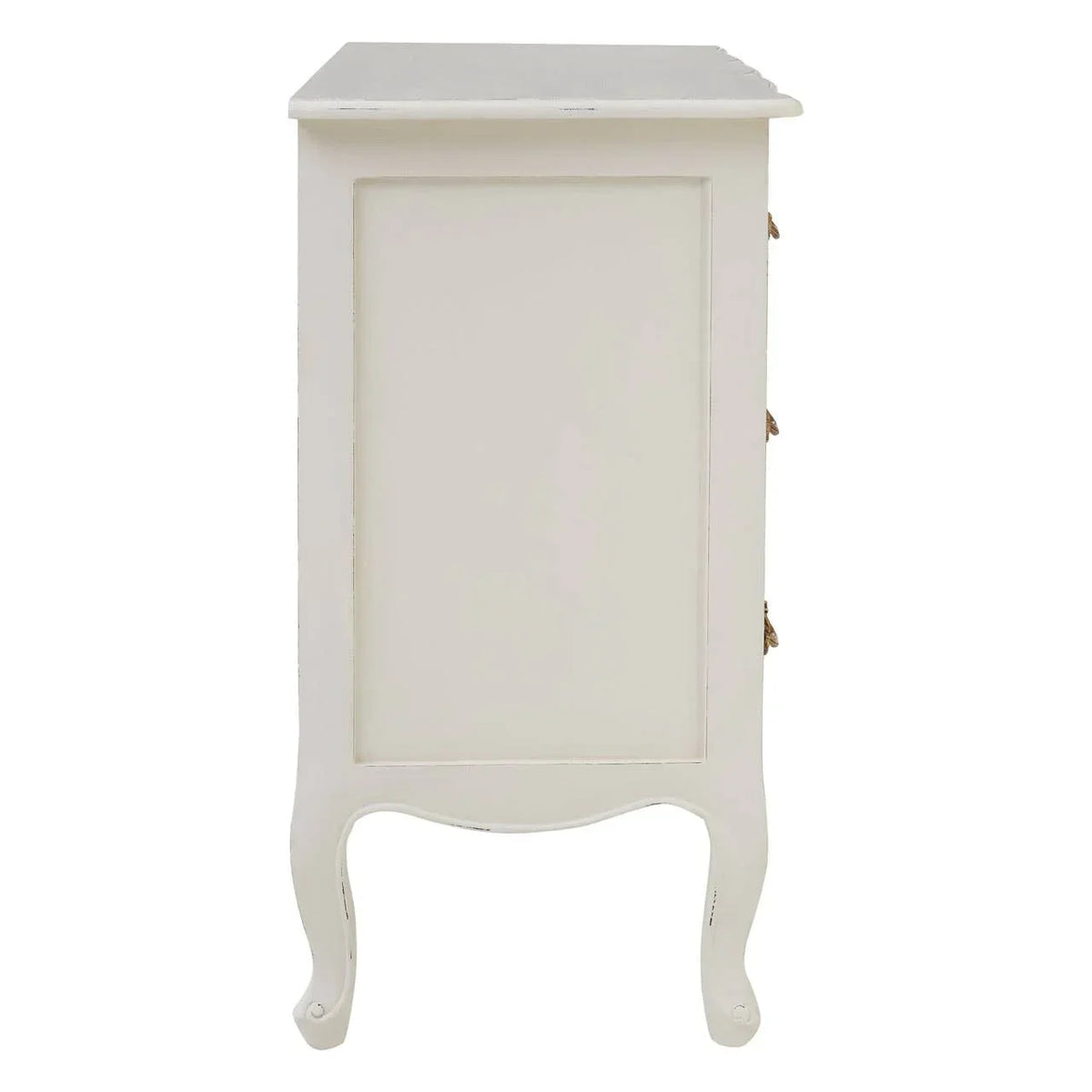 Side view of white wooden chest of drawers with curved legs and panel detailing