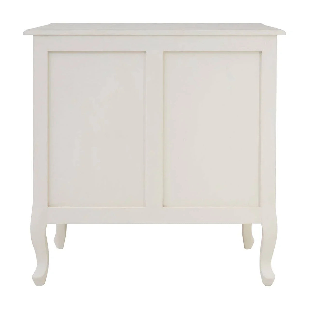 White wooden chest of drawers rear view with panel detail and curved legs