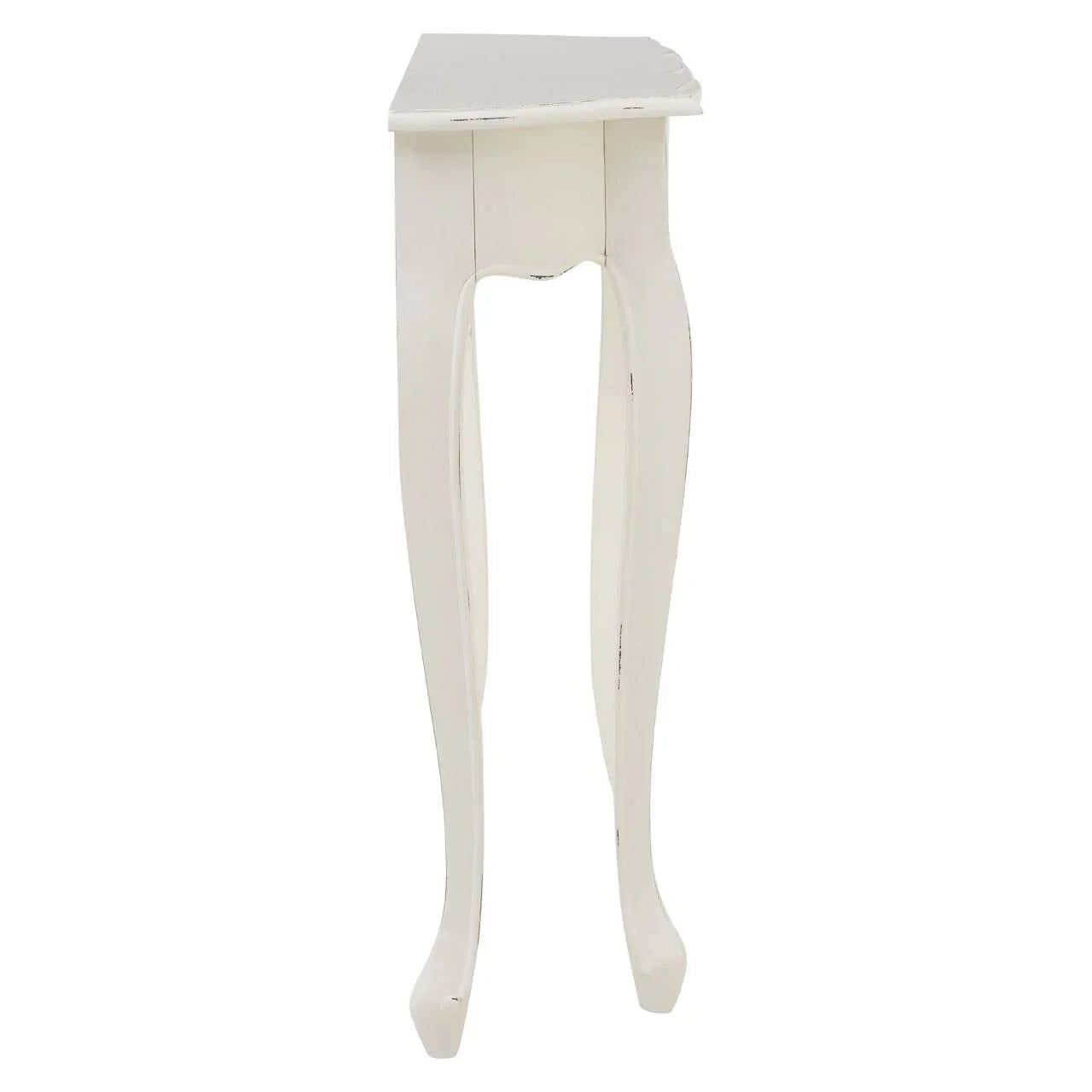 Side view of white painted console table with curved legs and distressed finish