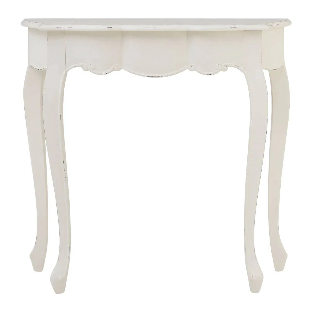White wooden console table with curved legs and scalloped edge front view