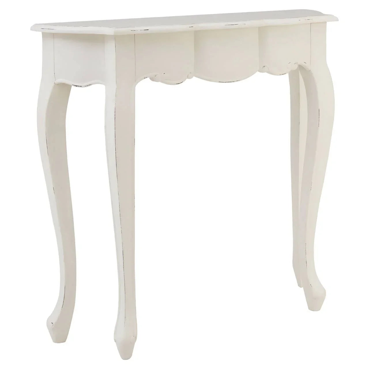 White wooden console table with curved legs and scalloped apron, angled side view