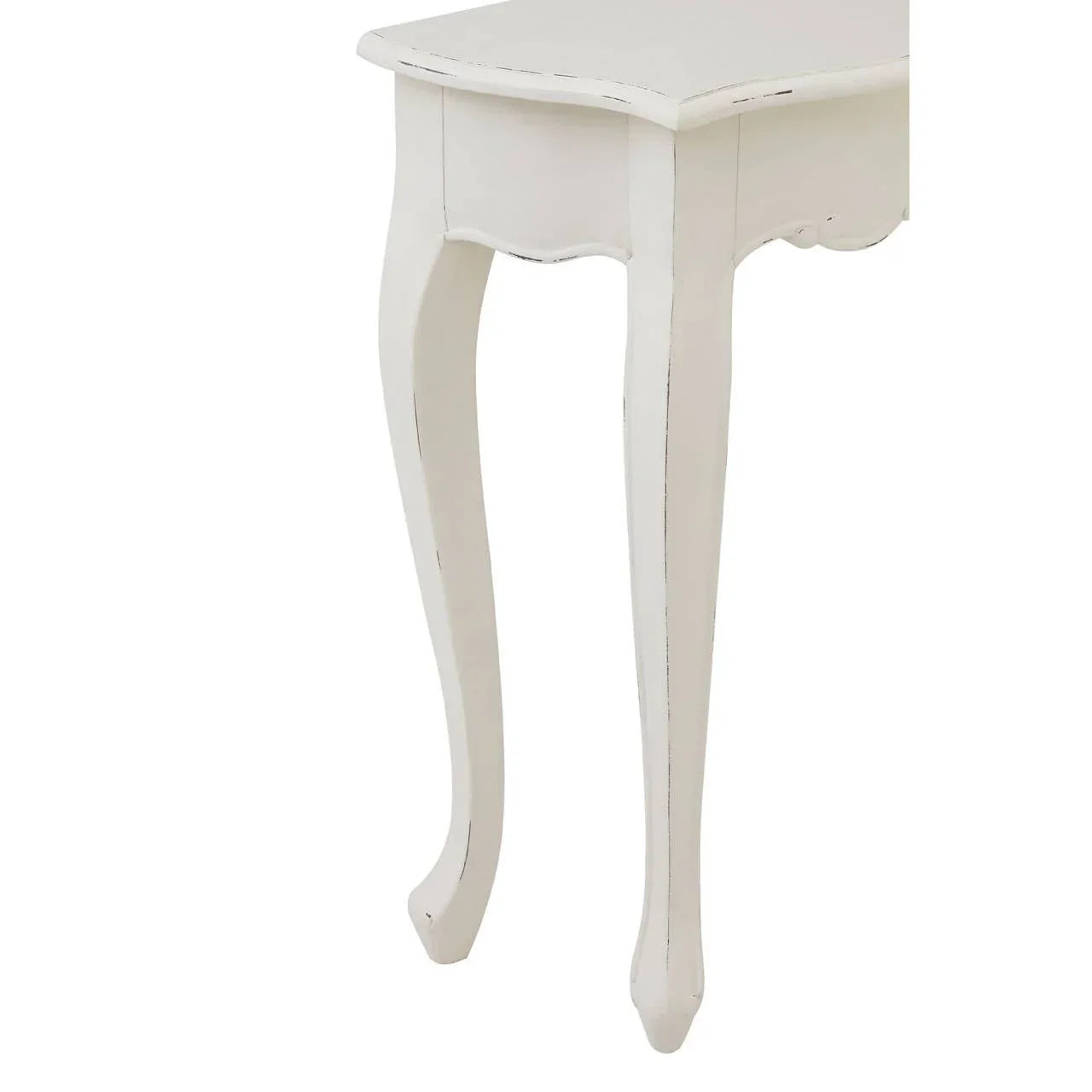 White wooden side table with curved legs and distressed finish, close-up angle