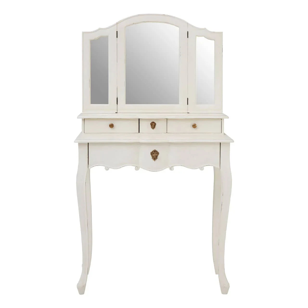 White dressing table with three drawers and triple mirror, vintage style furniture
