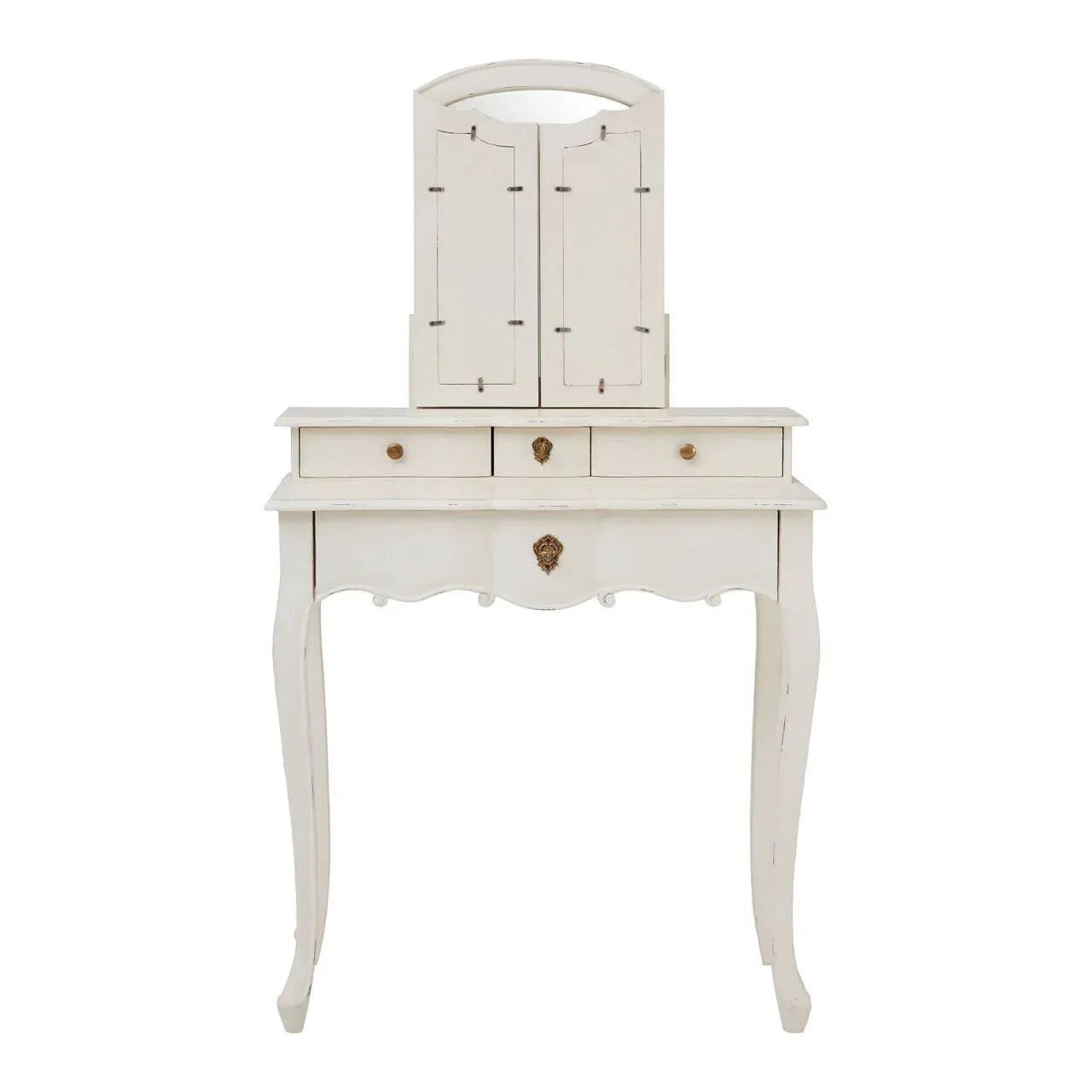 Cream dressing table with three drawers and mirrored cupboard front view