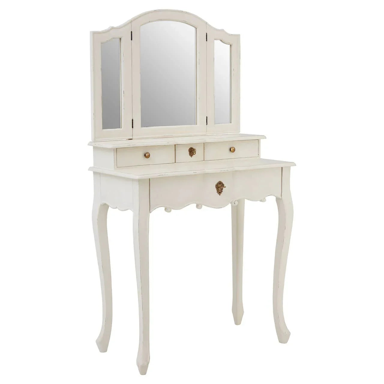 Cream dressing table with three mirrors, brass drawer handles, and curved legs