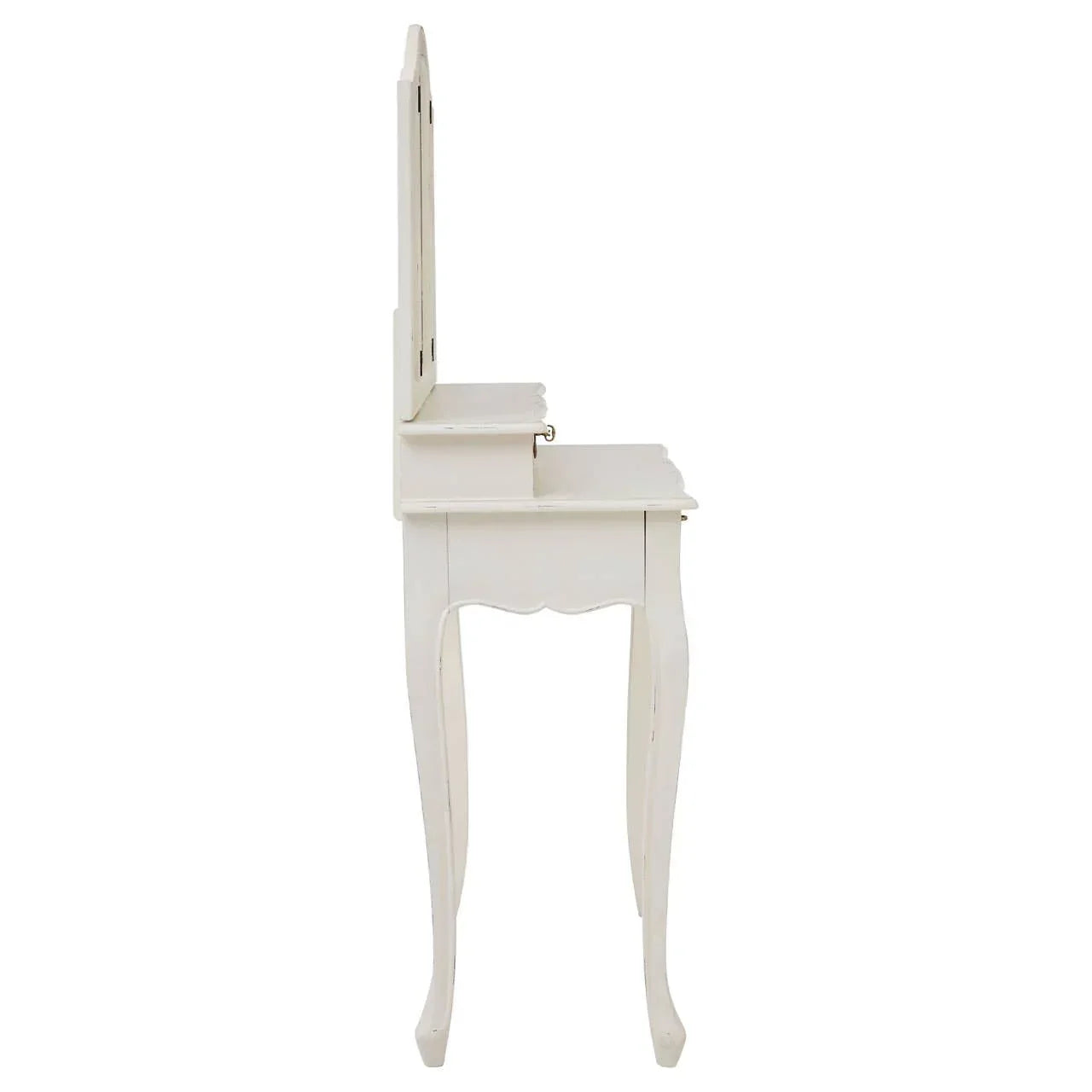 Side view of white wooden dressing table with lift-up mirror and carved legs