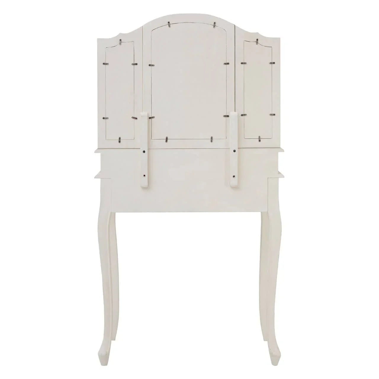 White wooden dressing table rear view with curved legs and closed panel detailing