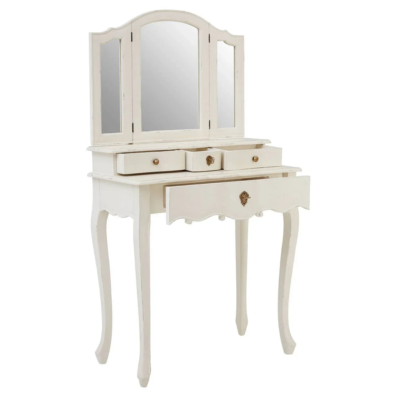 White dressing table with three-panel mirror and drawers, vintage style furniture piece