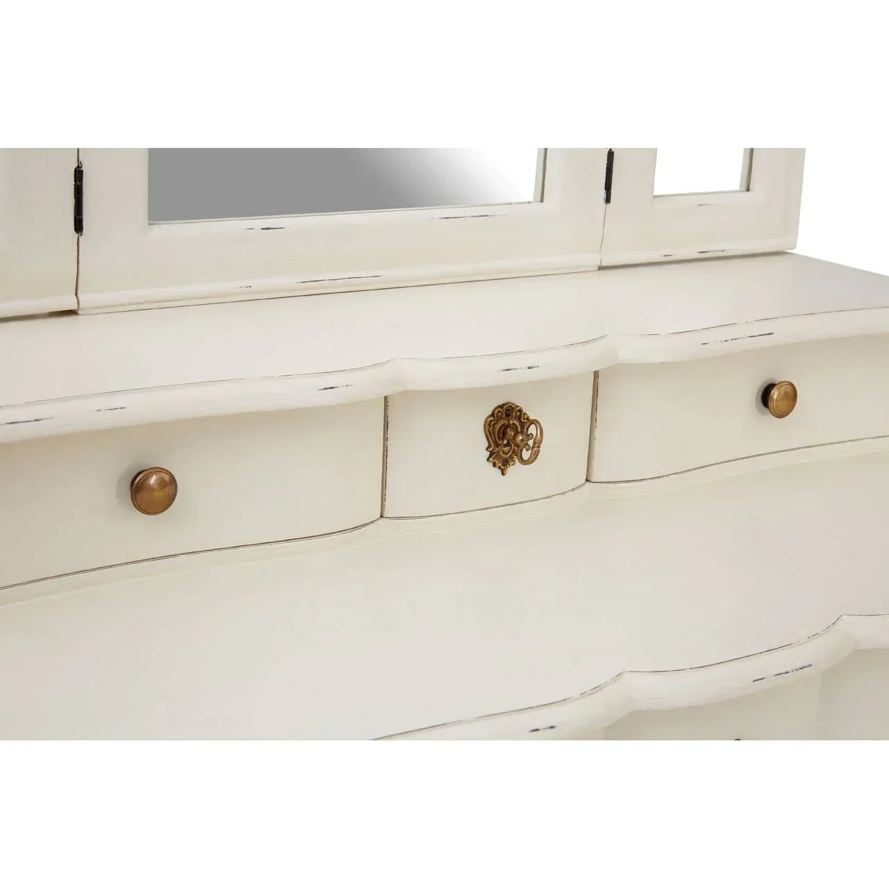 Ivory wooden dressing table with antique brass handles and triple mirror detail