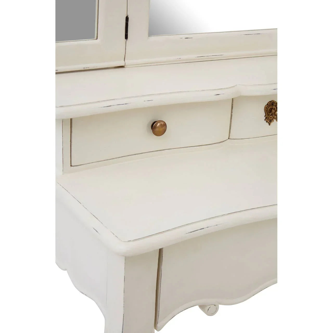 Cream painted dressing table with bronze drawer knob and distressed finish detail