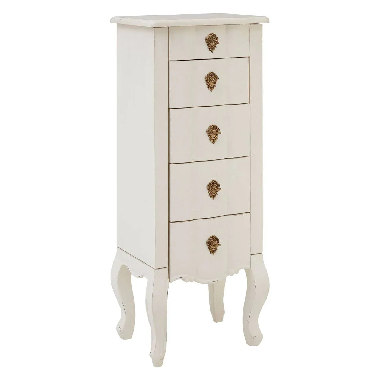 Cream tallboy chest of drawers with ornate handles and curved legs