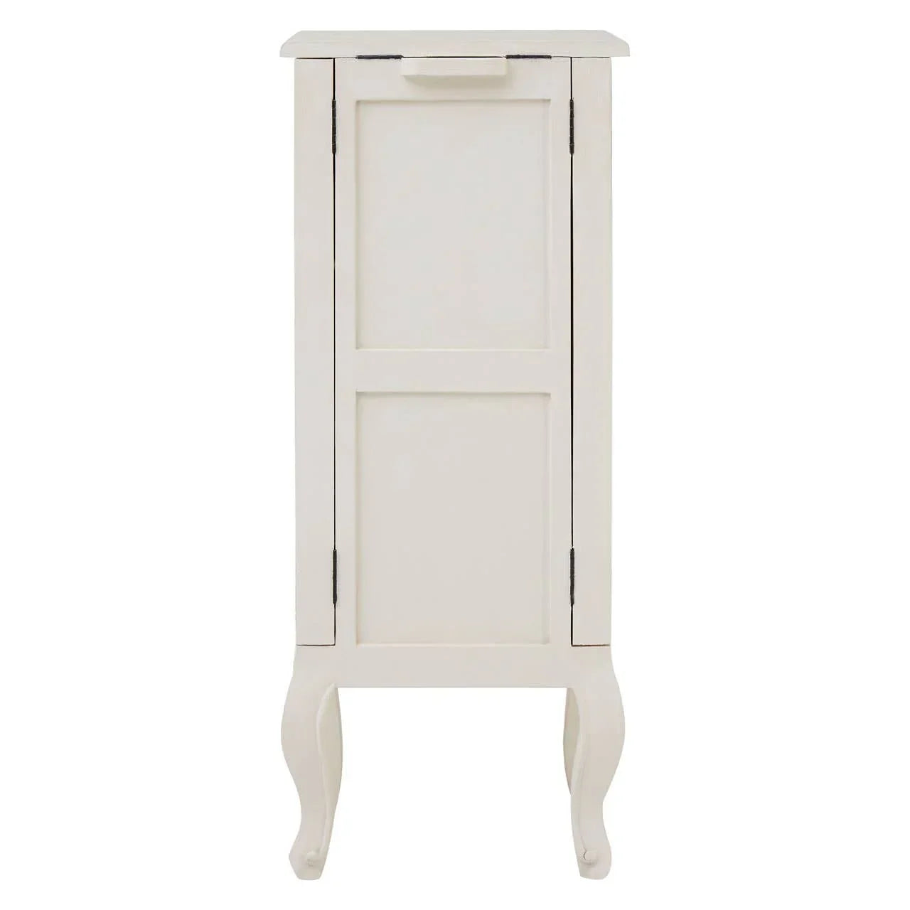 White wooden narrow cabinet with single panel door and curved legs