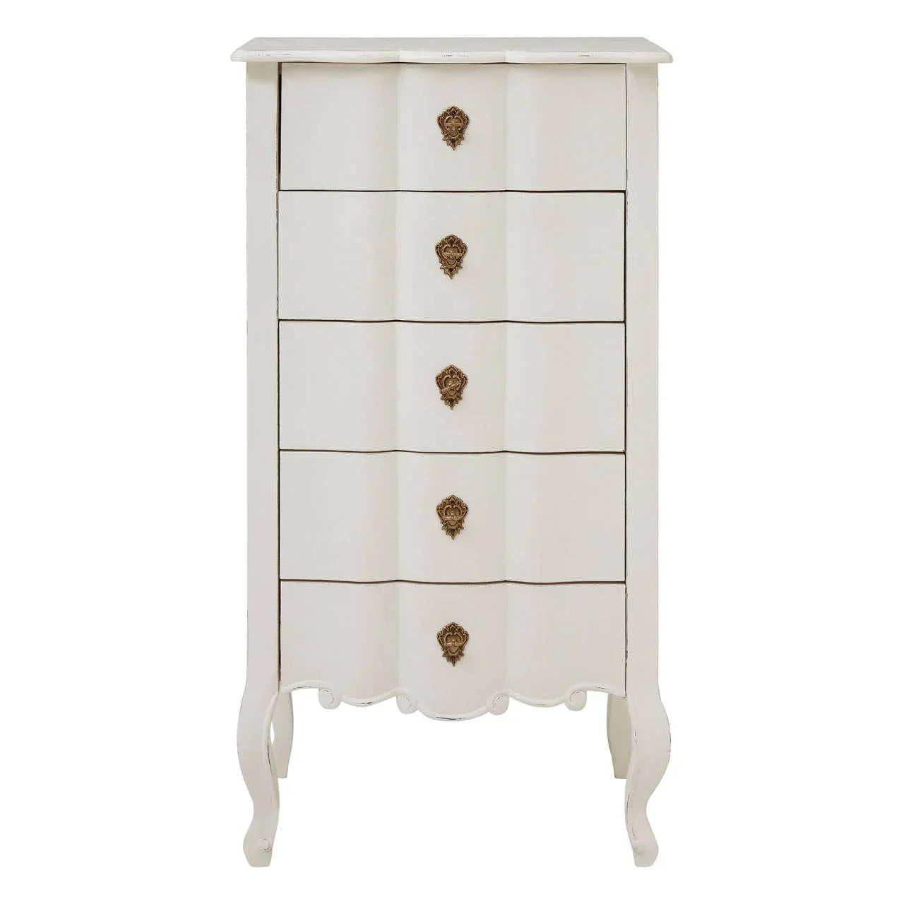 White chest of drawers with gold handles and carved legs, front view