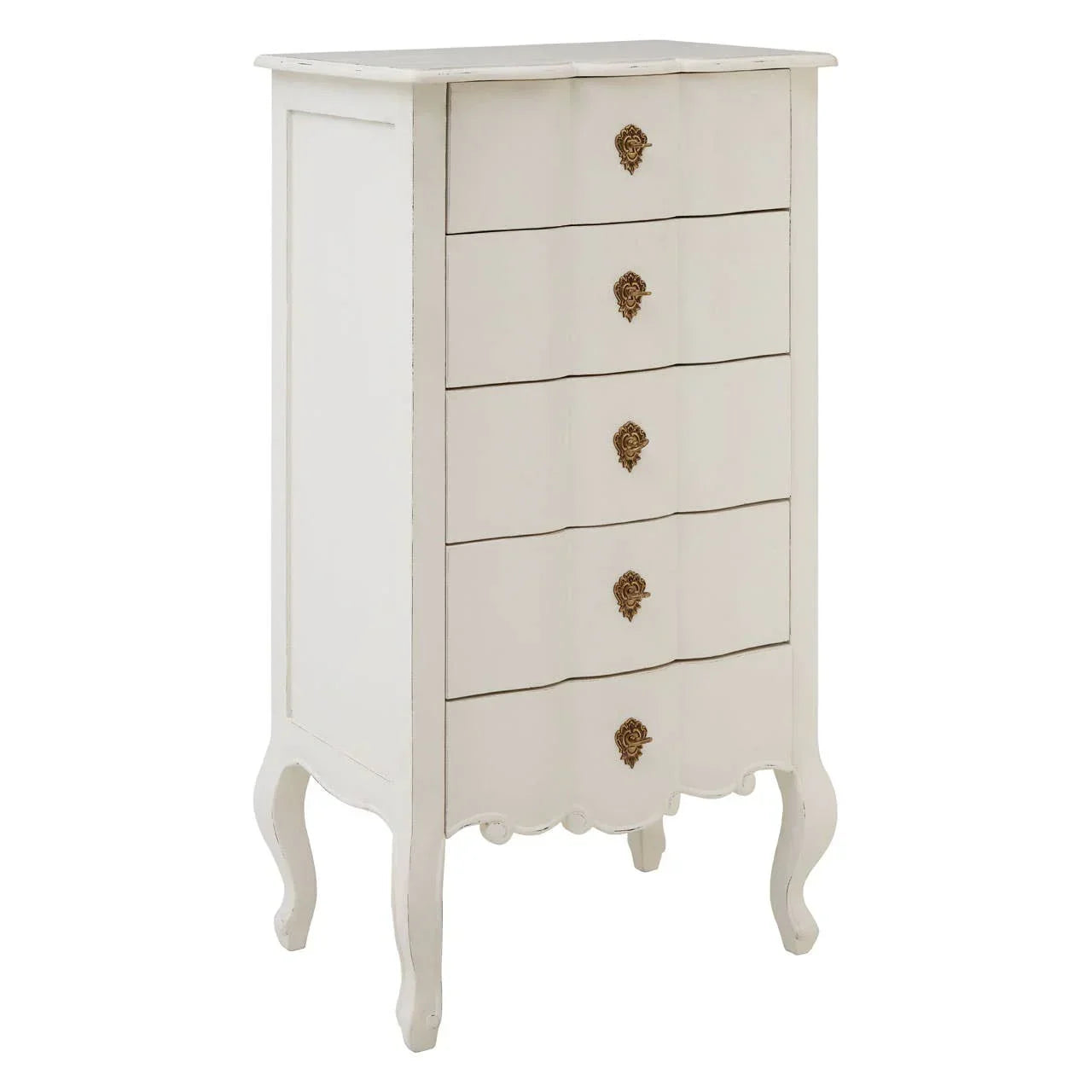 White wooden chest of drawers with ornate brass handles and curved legs