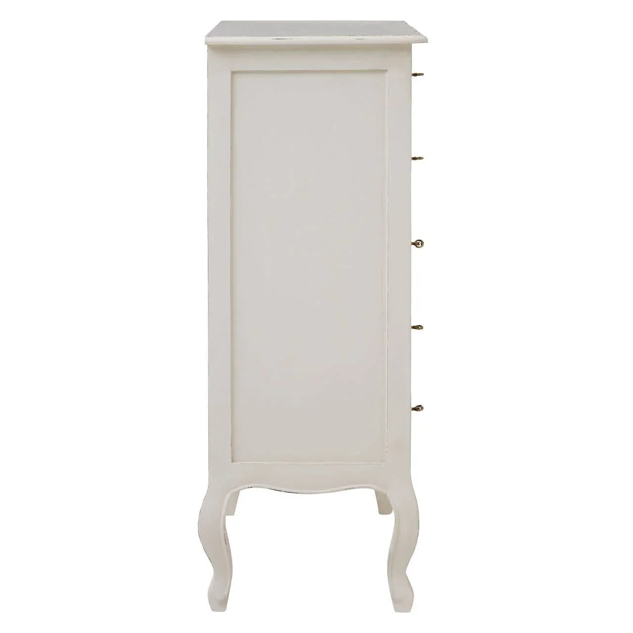 Side view of a white wooden chest of drawers with curved legs