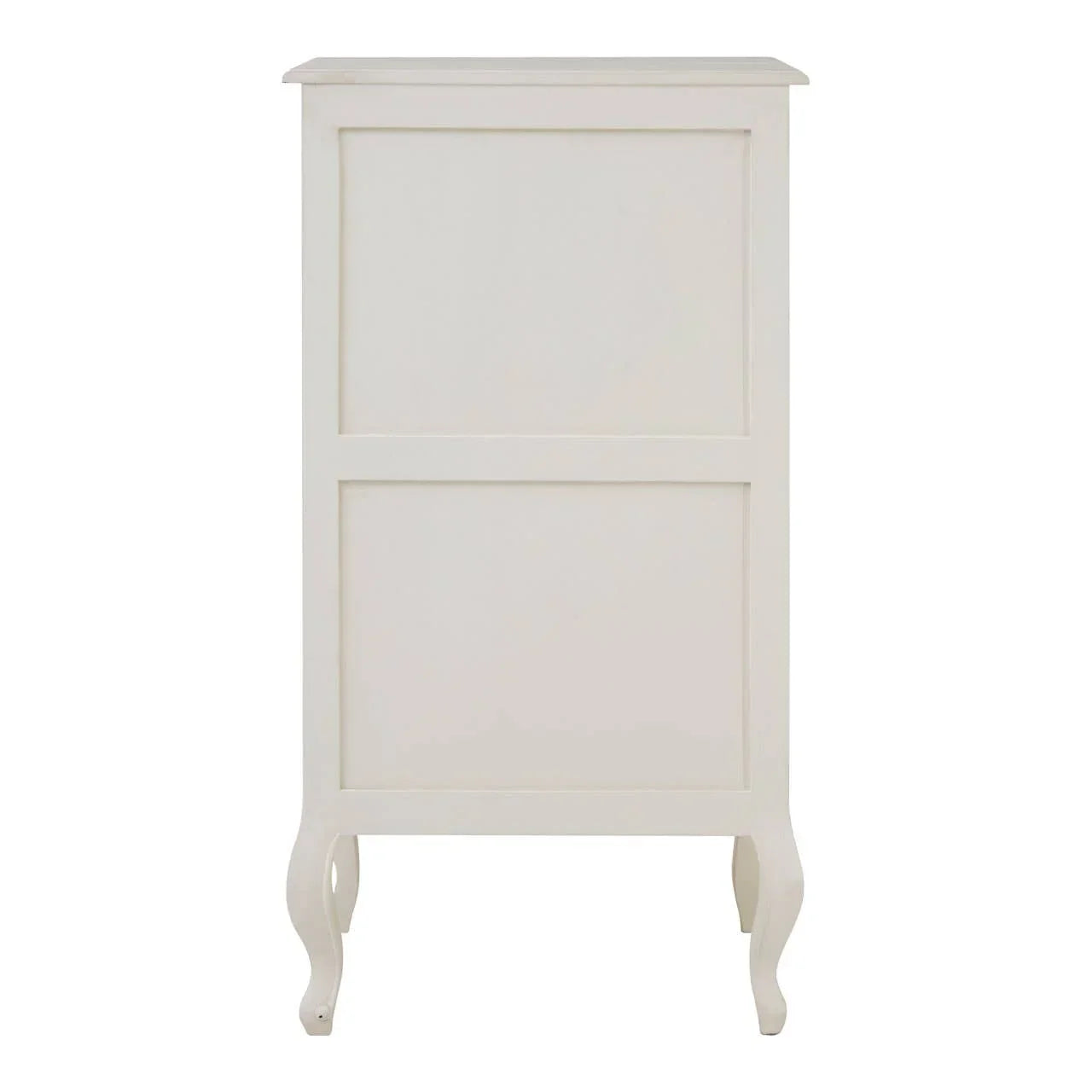 White wooden chest of drawers rear view with panel detailing and curved legs