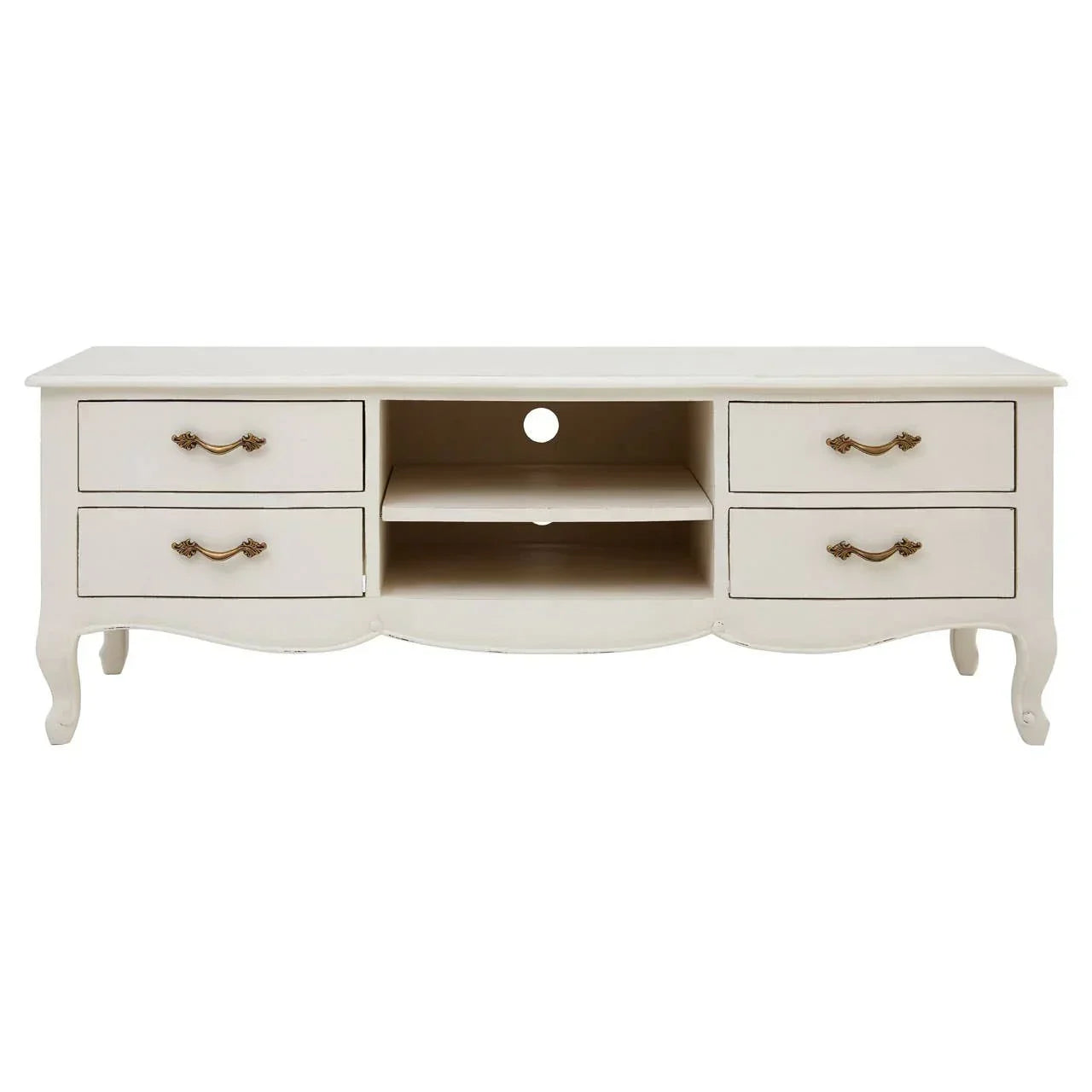 Cream wooden TV unit with four drawers, open shelving and curved legs