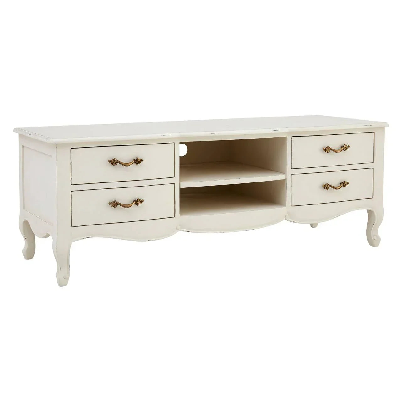 White wooden TV unit with four drawers, open shelves and curved legs, front angle view