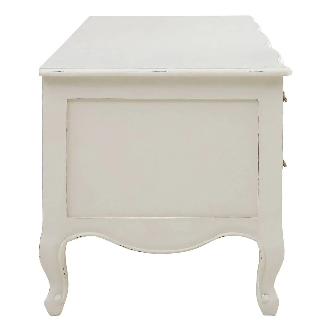 Side view of cream painted wooden storage chest with curved legs and panel detailing
