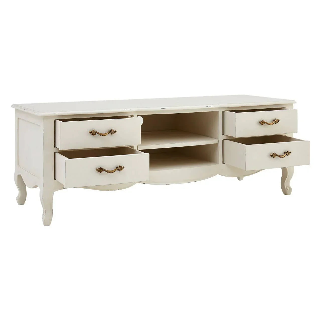Cream TV unit with vintage handles, four drawers open, central shelves visible