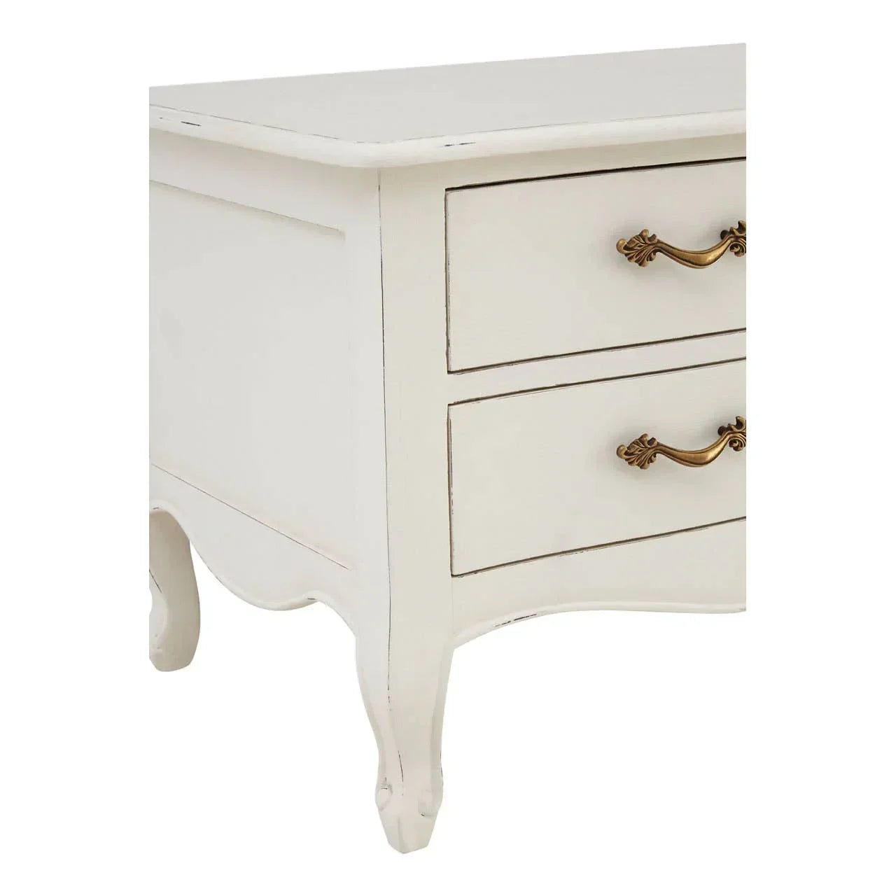 White wooden bedside table with two drawers and gold handles, classic curved legs