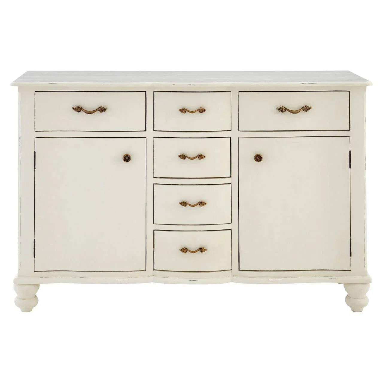 Cream sideboard with five drawers, two cupboards, and vintage brass handles