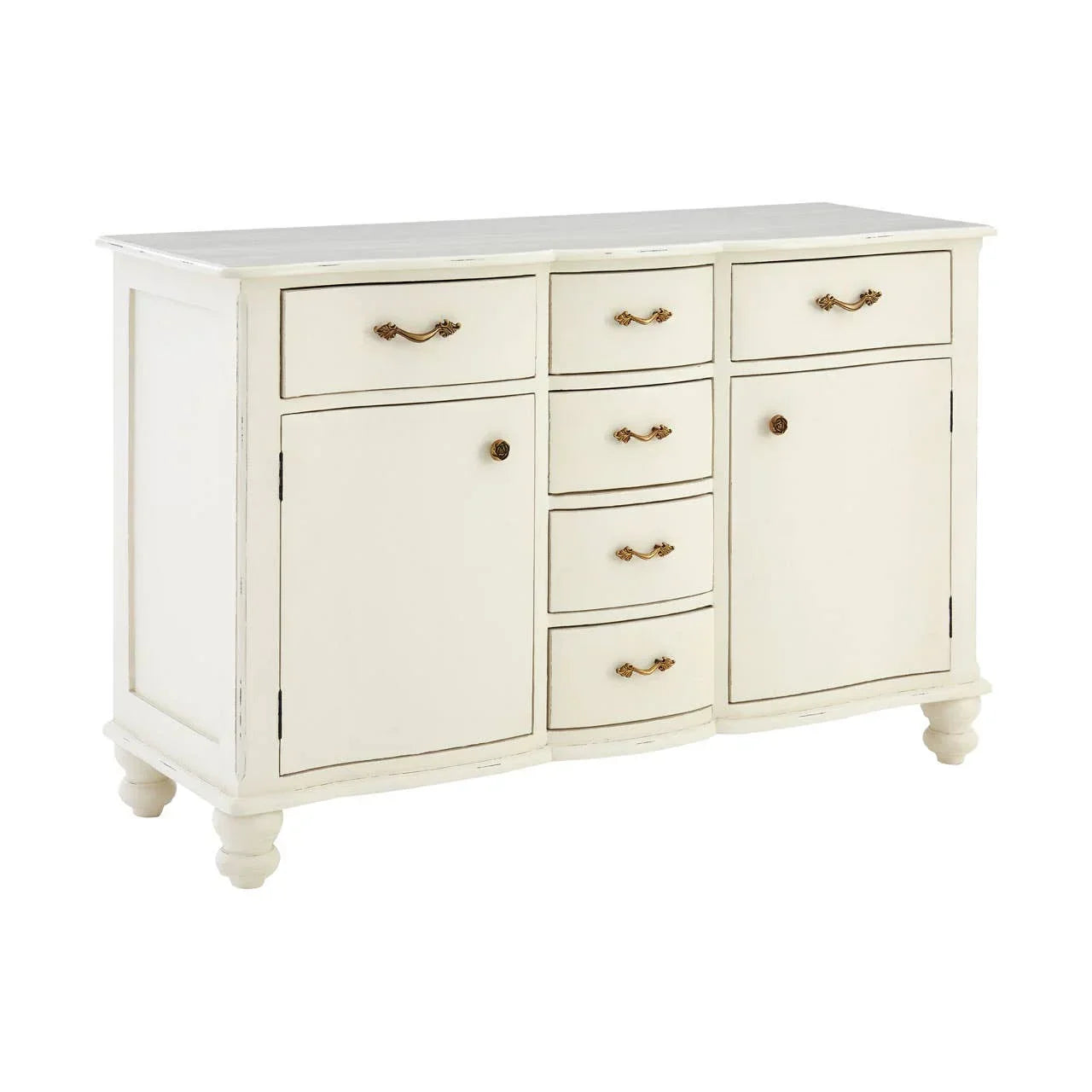 Cream sideboard with six drawers and two doors, vintage handles, turned legs