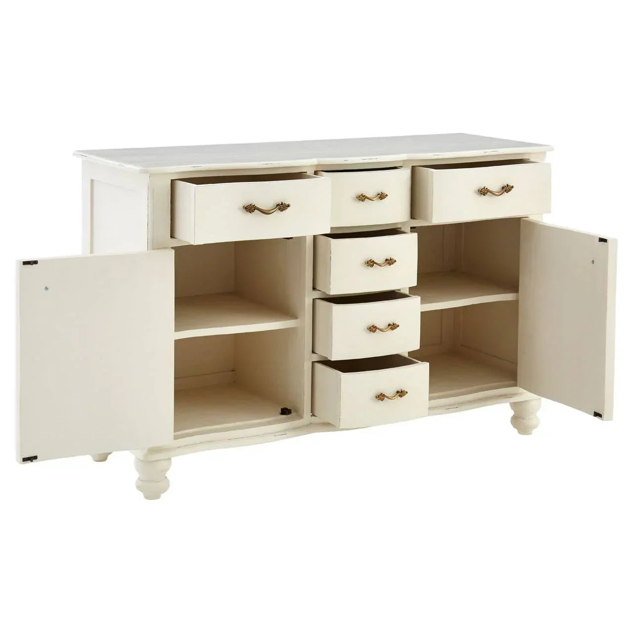 Cream wooden sideboard with six drawers and two open cupboard doors showing storage shelves