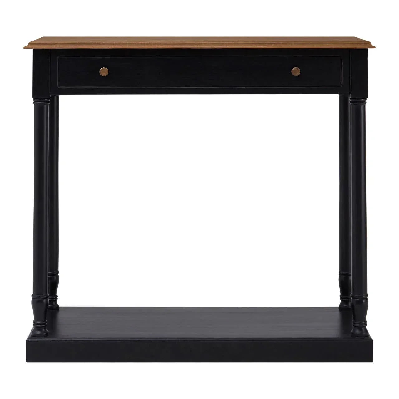 Black console table with wooden top, single drawer and lower shelf, front view