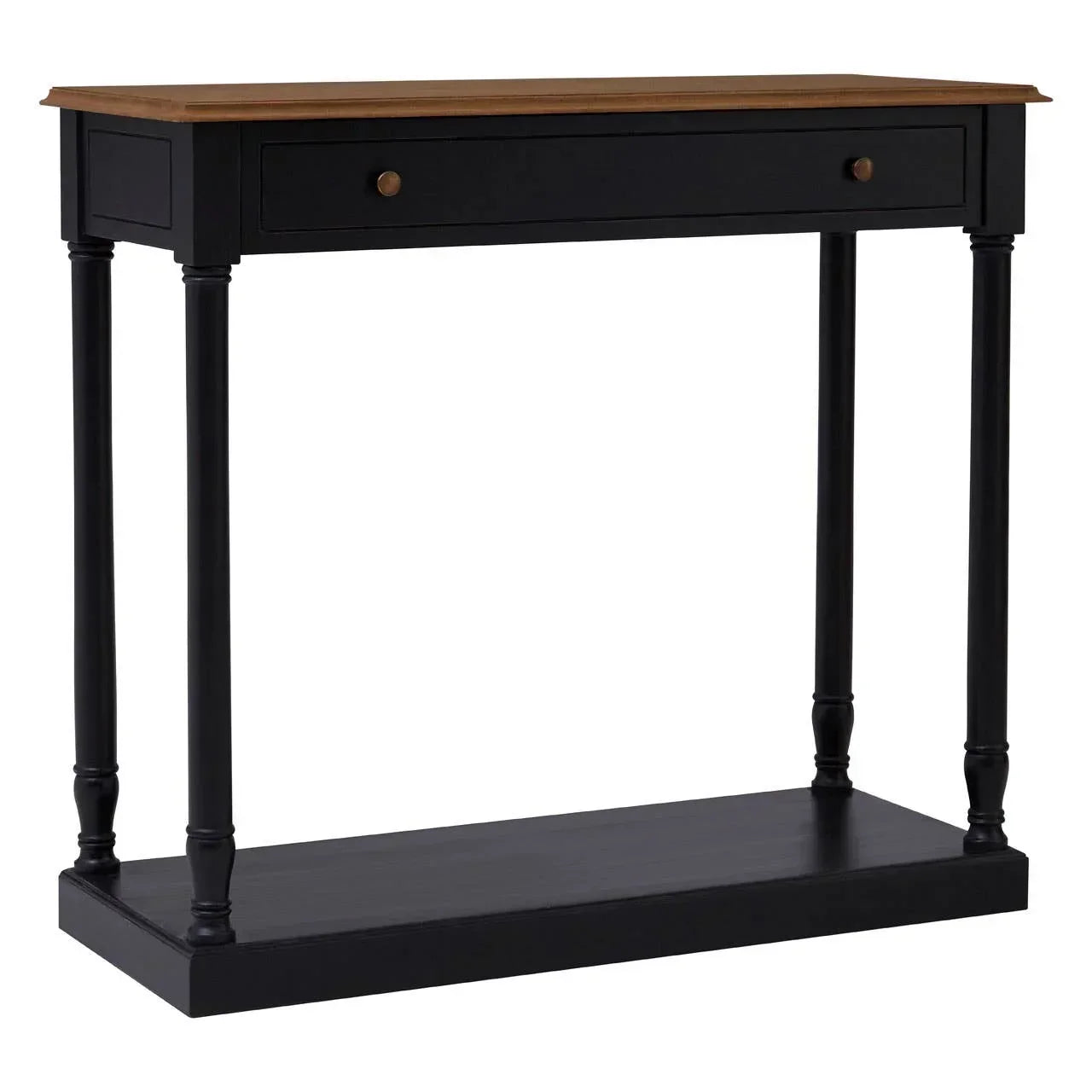 Black console table with wooden top, single drawer and lower shelf, classic turned legs