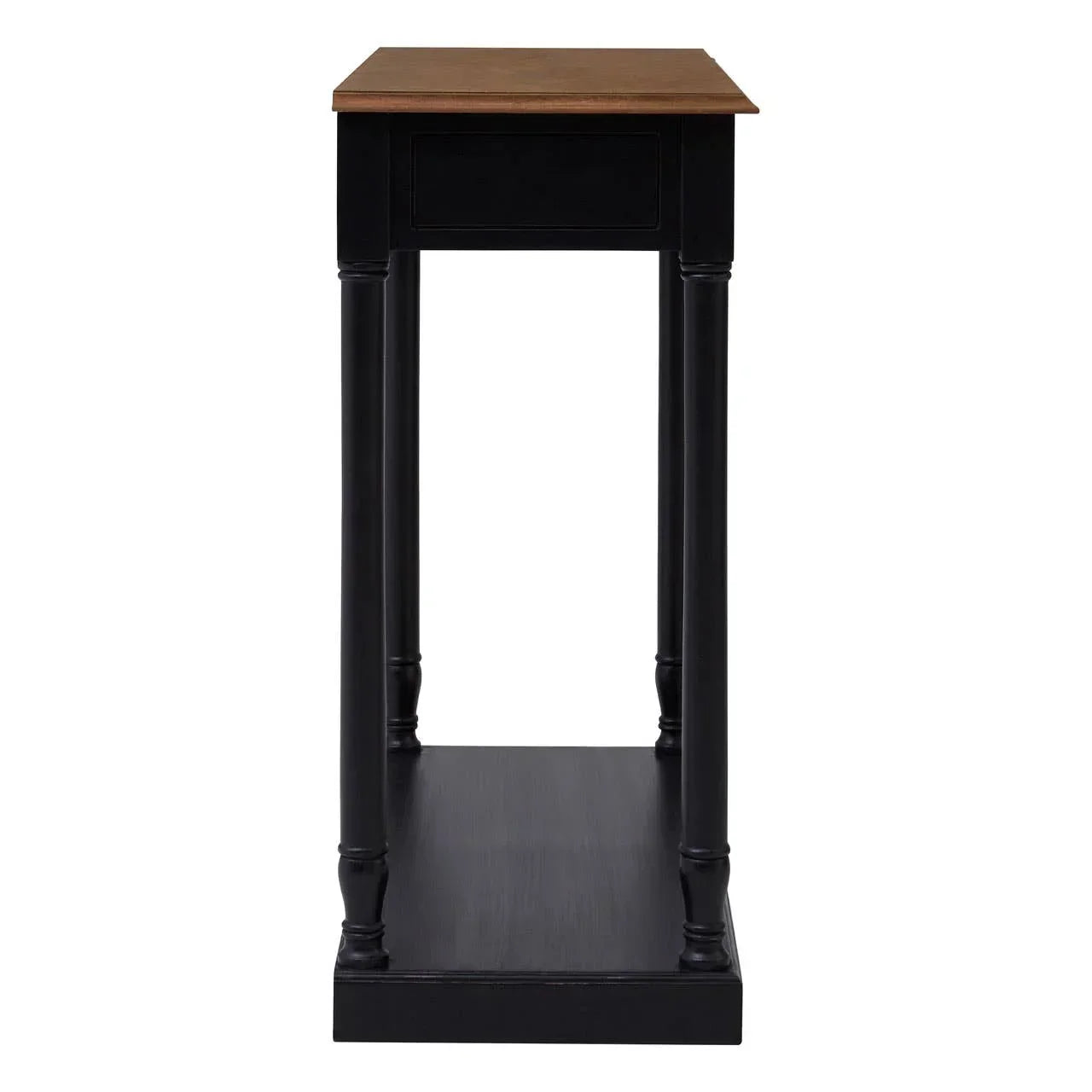 Black wooden console table with four legs and brown tabletop, front angle view