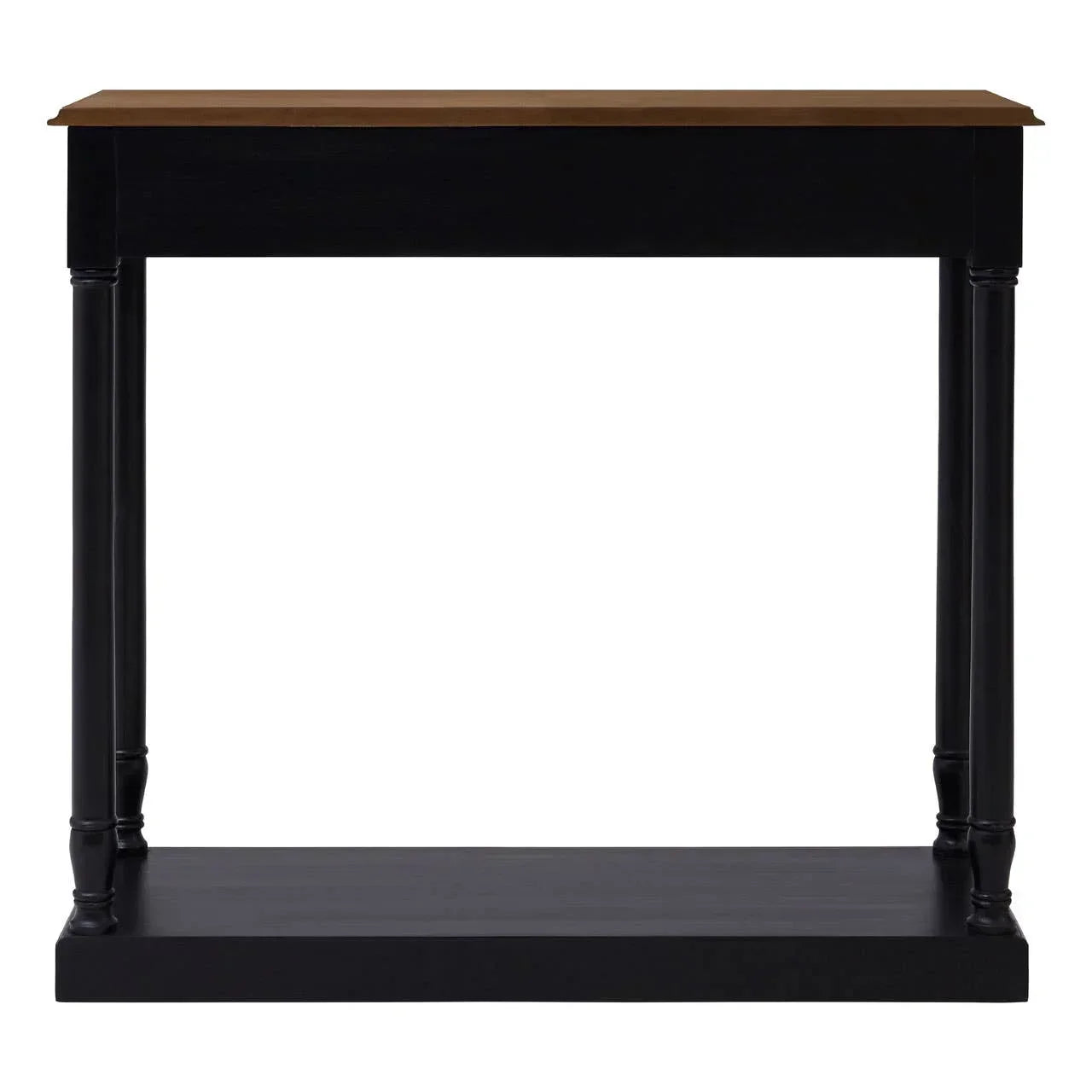 Black wooden console table with brown top and turned legs, front view