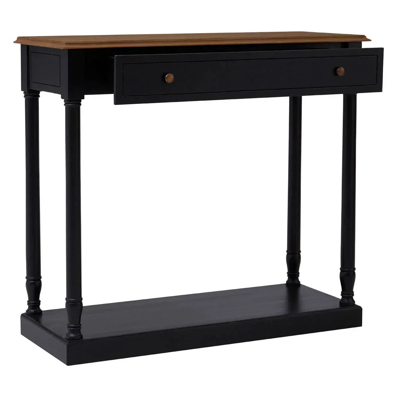 Black console table with wood top, lower shelf, and single drawer, front angled view