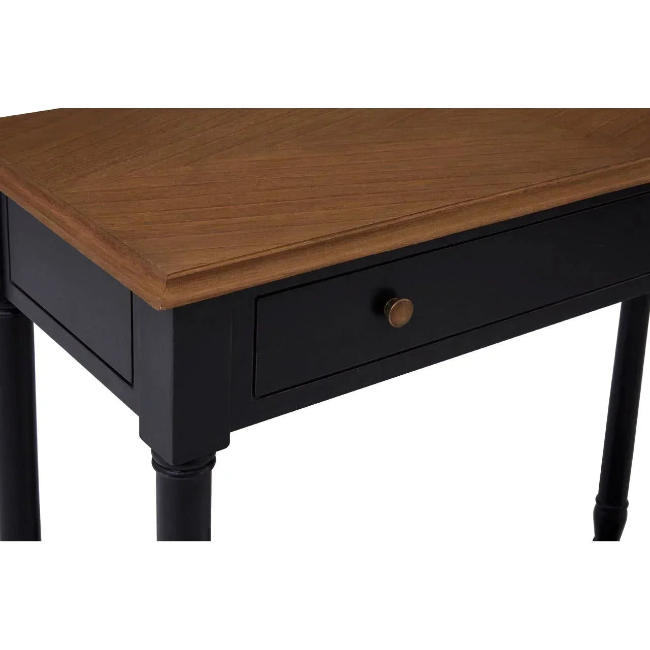 Wooden console table with black legs and single drawer, close view of tabletop and handle