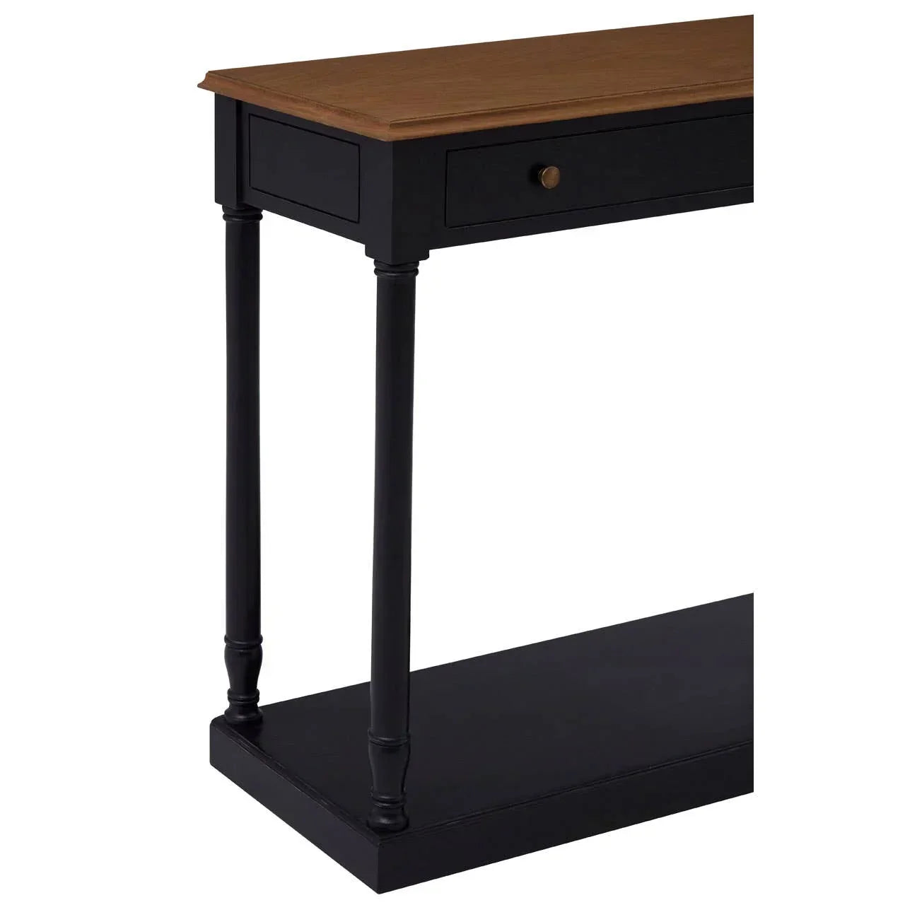 Black console table with wood top, drawer and lower shelf, angled side view